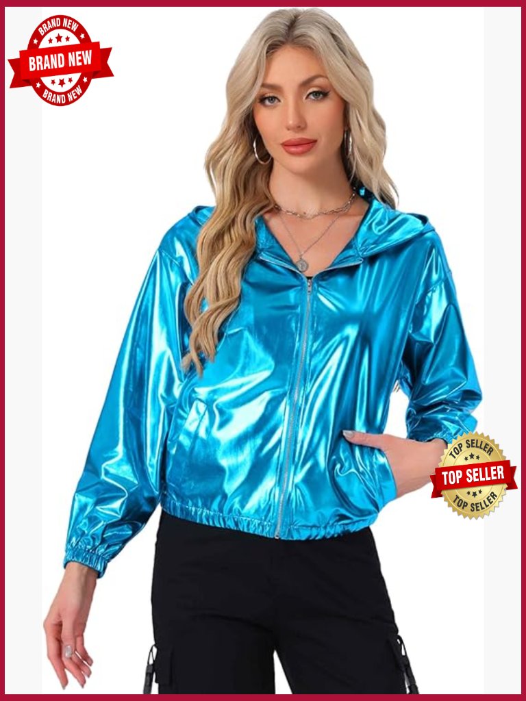 Holographic Hooded Zip-Up Metallic Casual Jacket